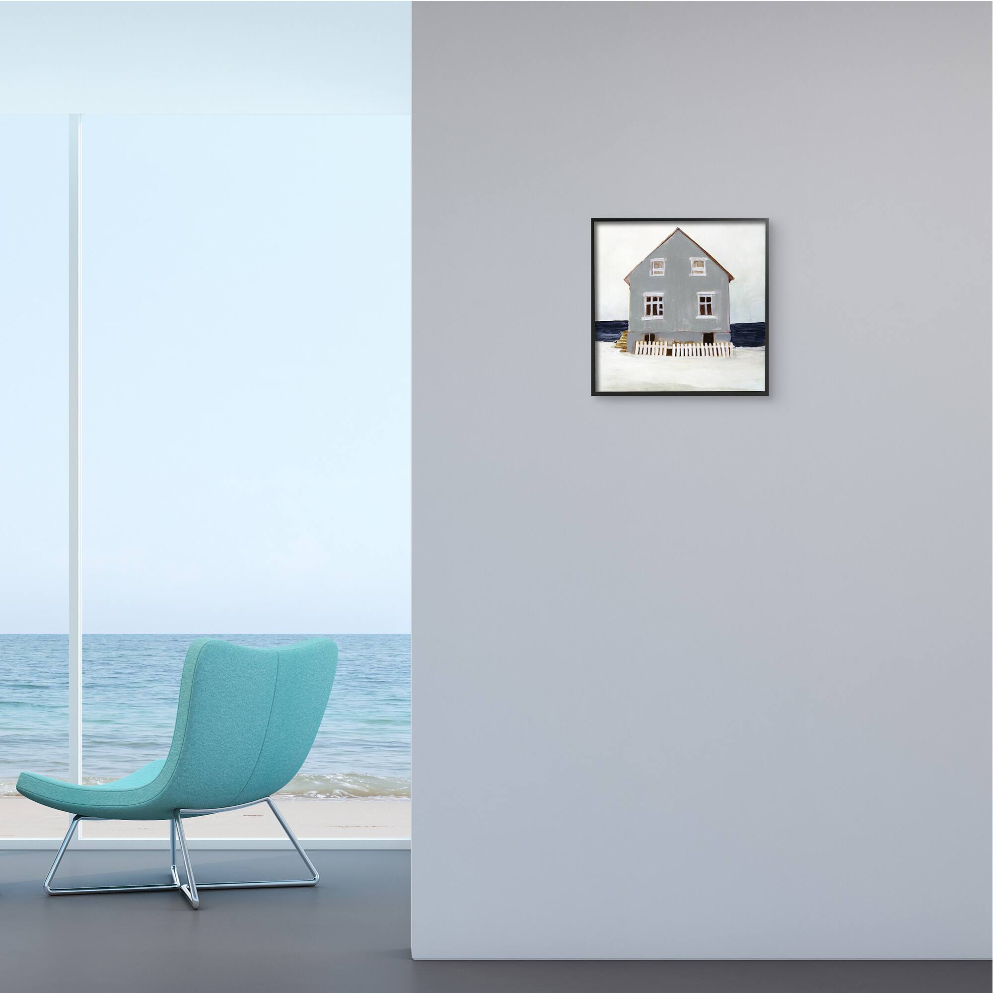 Stupell Industries Winter Beach House Landscape Cool Coast Line Black Framed Wall Art